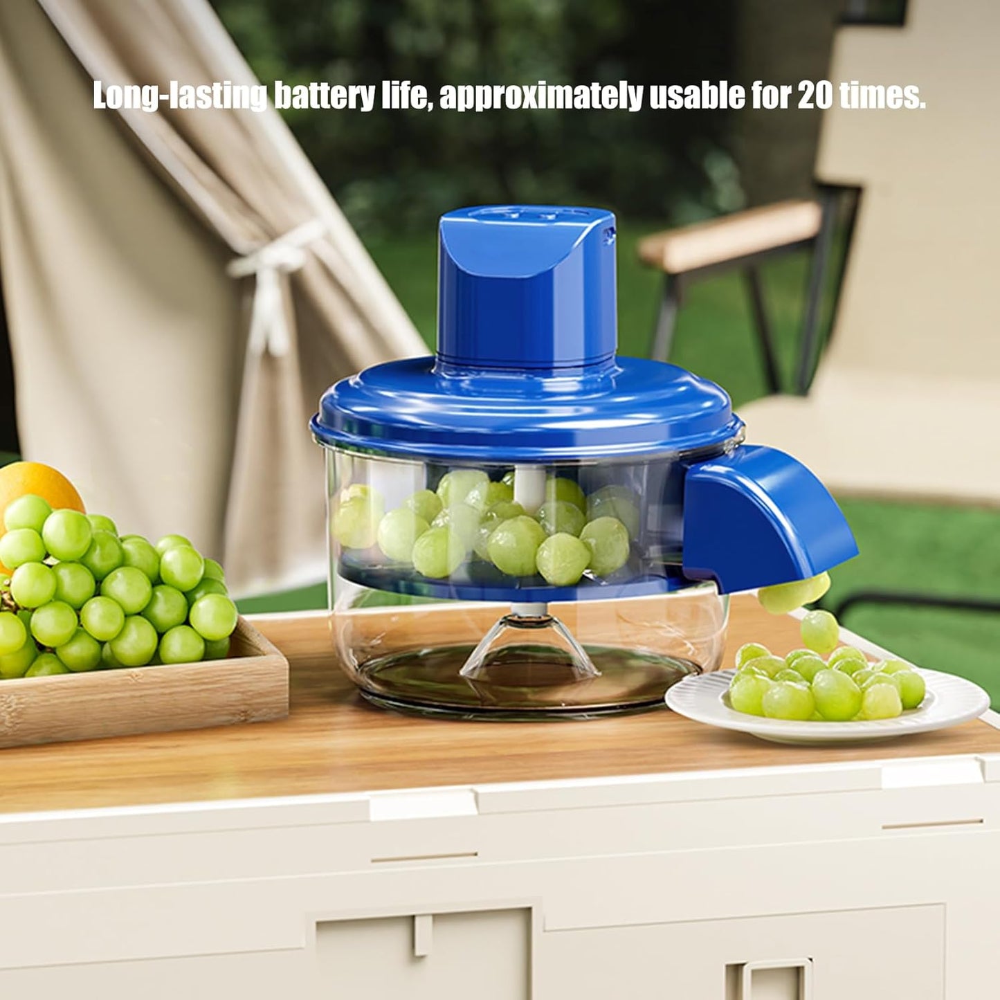 Fruit and Vegetable Peeler with grapes on a wooden table outdoors