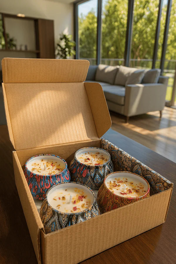 Four Decorative Floral Scented Tin Candles in a cardboard box with a living room in the background