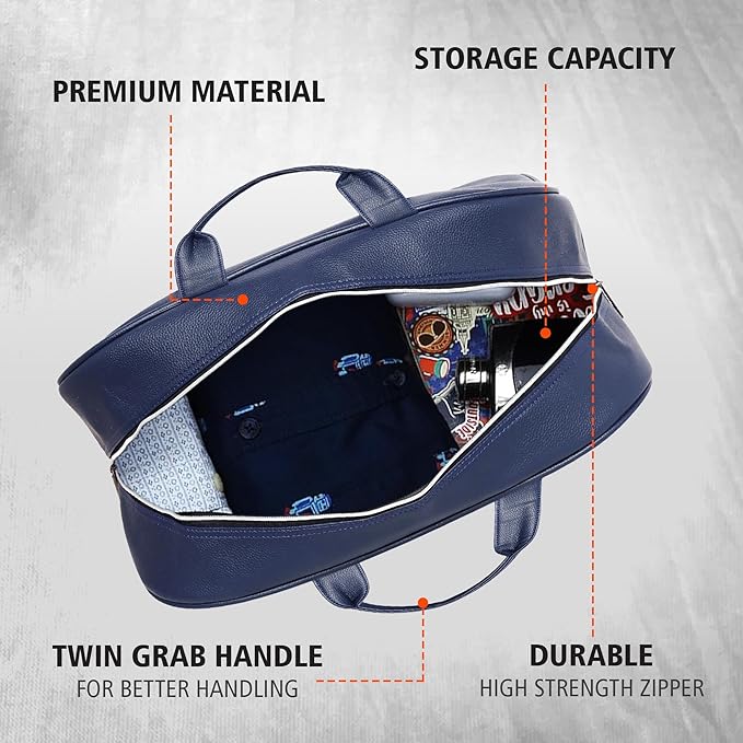 Blue Nautica Leatherette Duffel Bag with features highlighted on a gray background