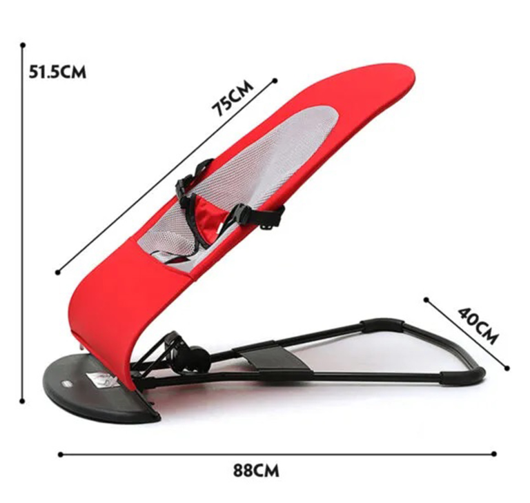 Red and black stand-up baby bouncer with measurements on a white background