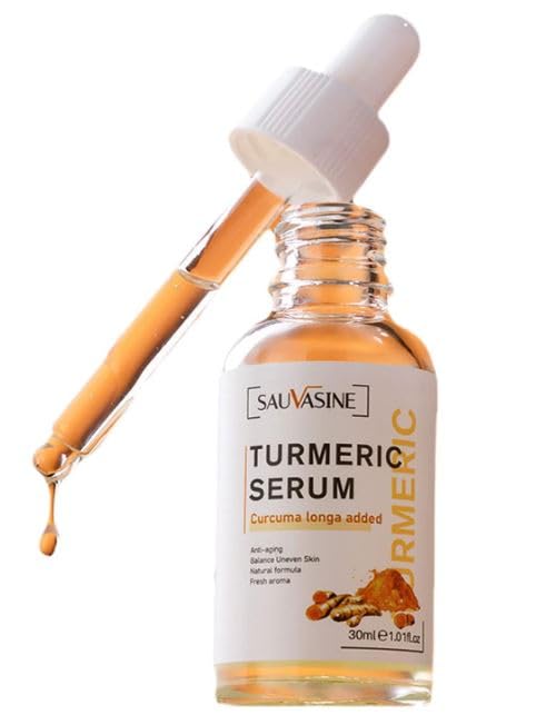 Sauvasine Turmeric Serum bottle with dropper on a white background