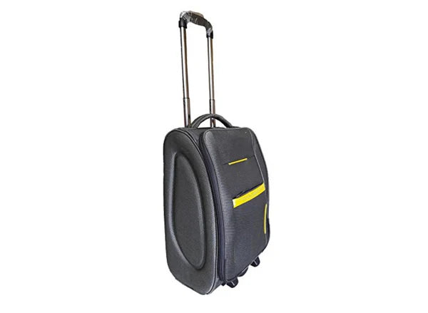 "leather suitcase" Black rolling suitcase with yellow accents on a white background