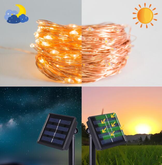 Solar-powered string lights with a sun and moon icon, solar panel, and outdoor scene.