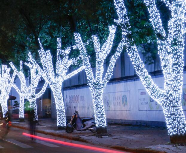 100 200 LED Solar Copper Wire String Light
Decorative string on trees in an urban setting at night.