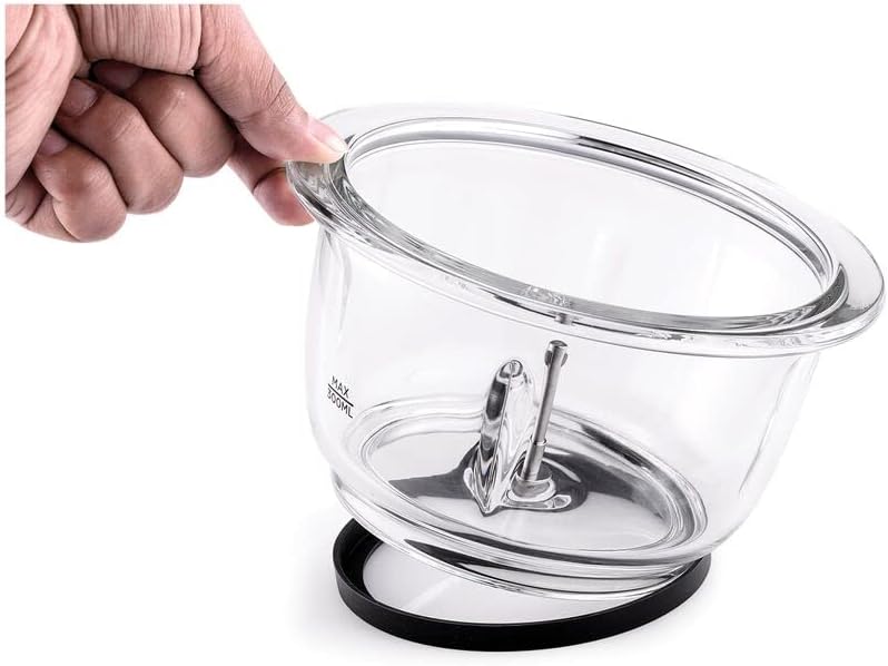 Clear glass food processor bowl of Black + Deckar - Glass Chopper (GC400-85) with black base on a white background