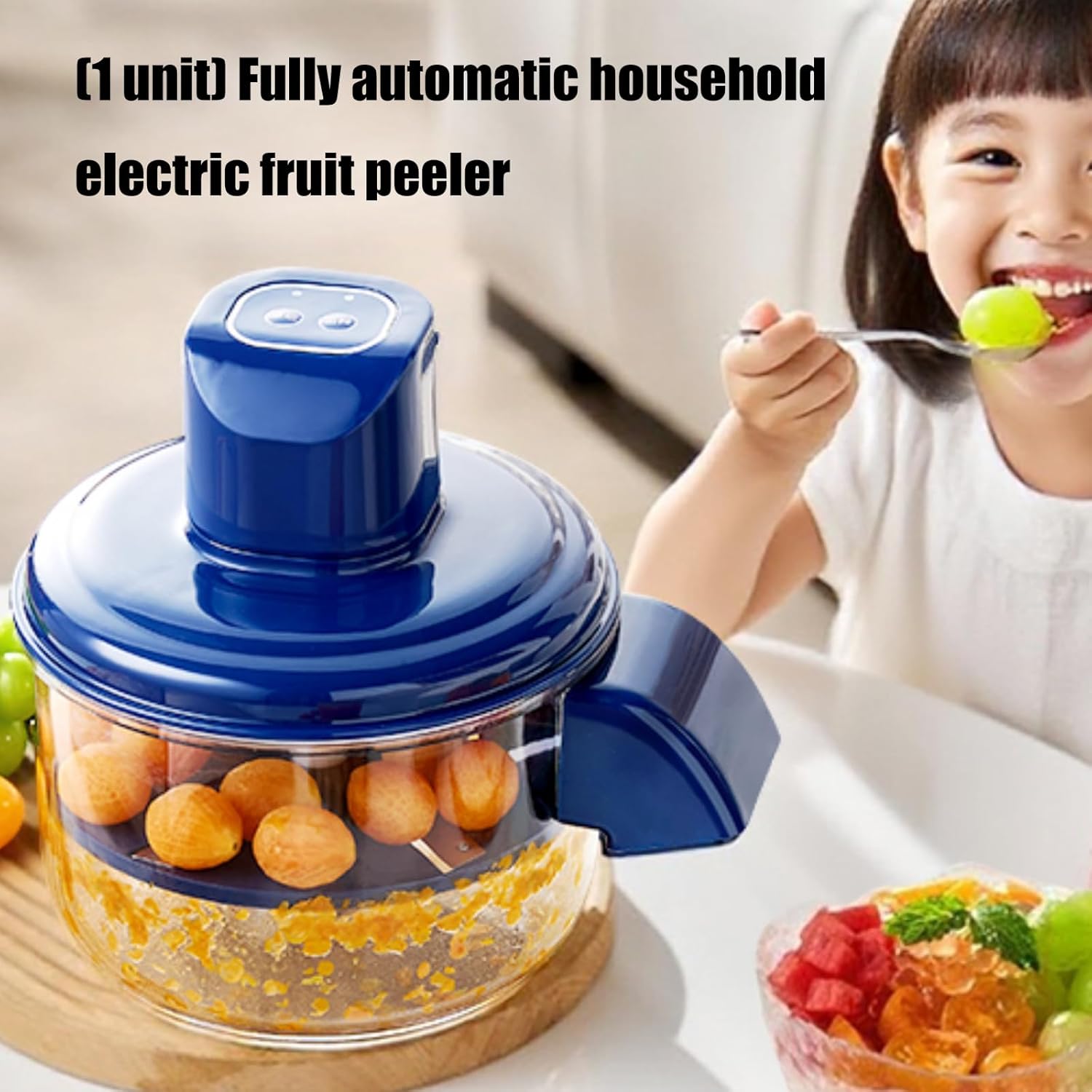 Blue electric fruit peeler with a child eating fruit in the background