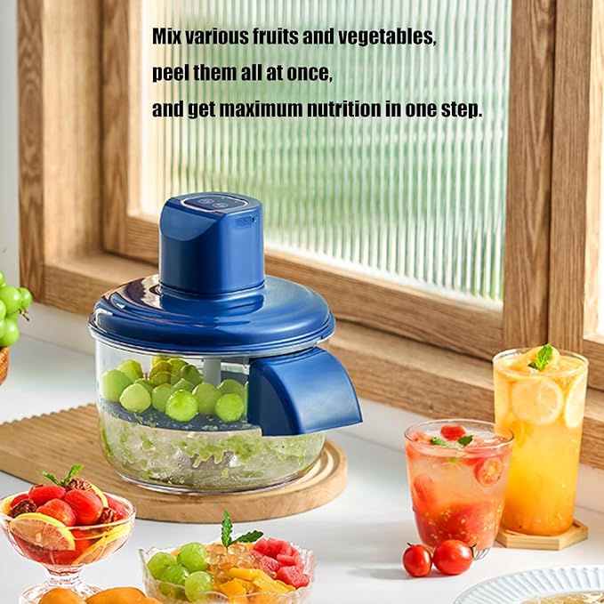 Blue Fruit and Vegetable Peeler with fruits and vegetables on a table with drinks and snacks.