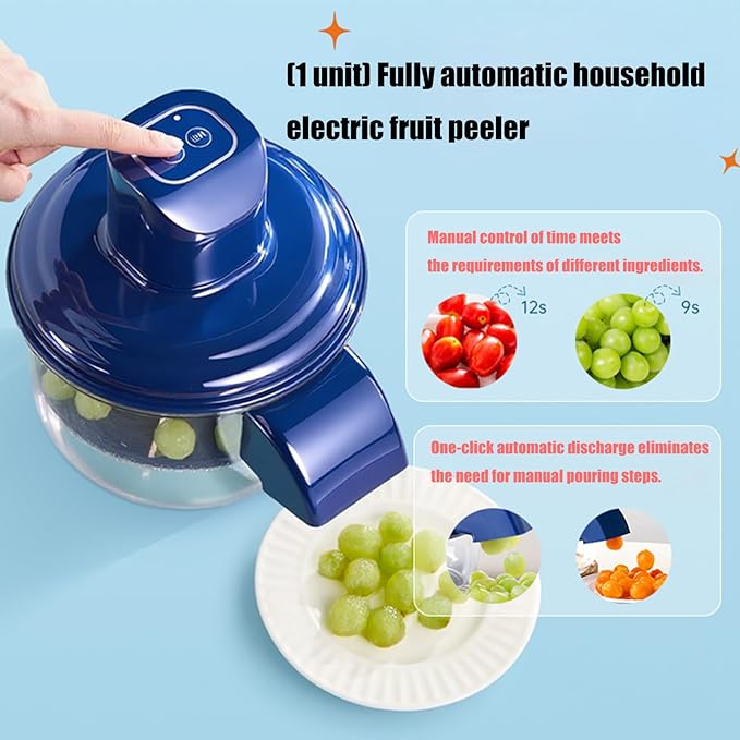 Blue electric fruit peeler with a hand pressing a button, surrounded by images of fruits and text on a blue background.