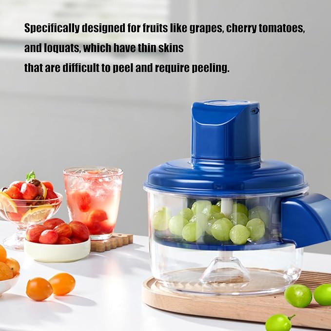 Blue fruit peeler with grapes on a white surface, surrounded by fruits and a glass of juice.