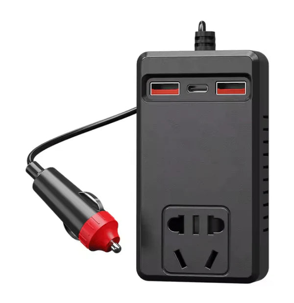 C12 - Intelligent Car Power Inverter with USB Ports power adapter with car connector on a white background