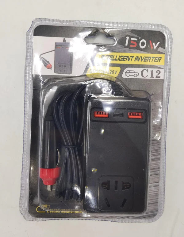 C12 - Intelligent Car Power Inverter with USB Ports 150W intelligent inverter with power cord in clear packaging on a white background