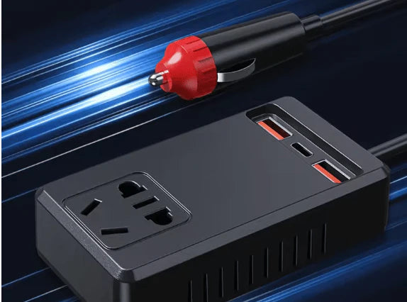 C12 - Intelligent Car Power Inverter with USB Ports Black power adapter with multiple ports on a dark background