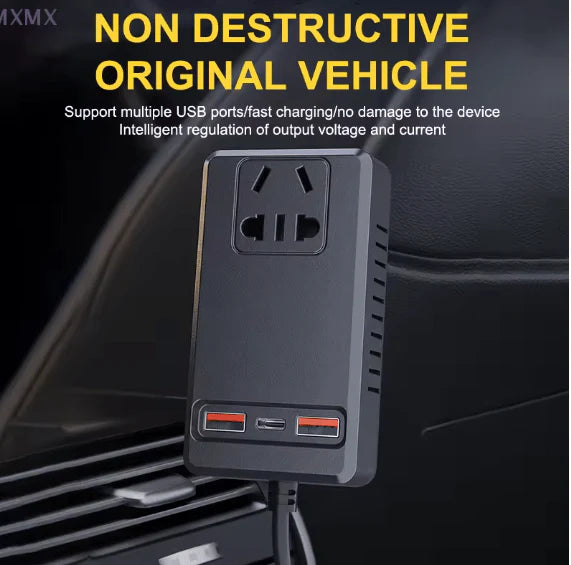 C12 Intelligent Car power inverter  charger with multiple USB ports on a car dashboard, featuring text about non-destructive charging.