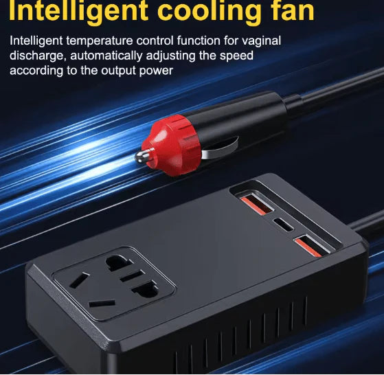 C12 - Intelligent Car Power Inverter with USB Ports, Power Strip with Multiple Outlets and USB ports on a dark background