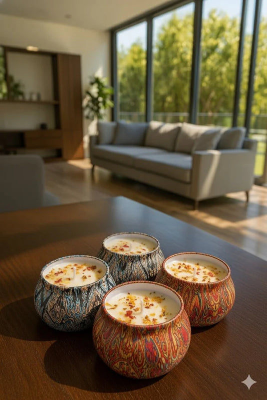 Decorative Floral Scented Tin Candles with a floral pattern on a wooden table in a modern living room.
