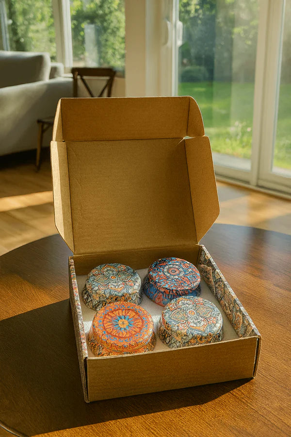 Open cardboard box with four  Decorative Floral Scented Tin Candles on a wooden table.