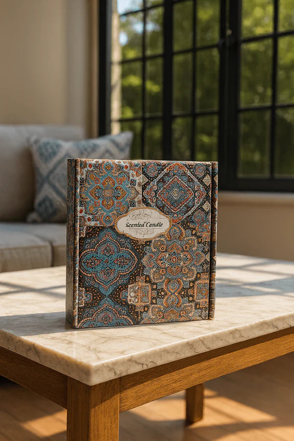 Decorative Floral Scented Tin Candles box with intricate patterns on a marble table