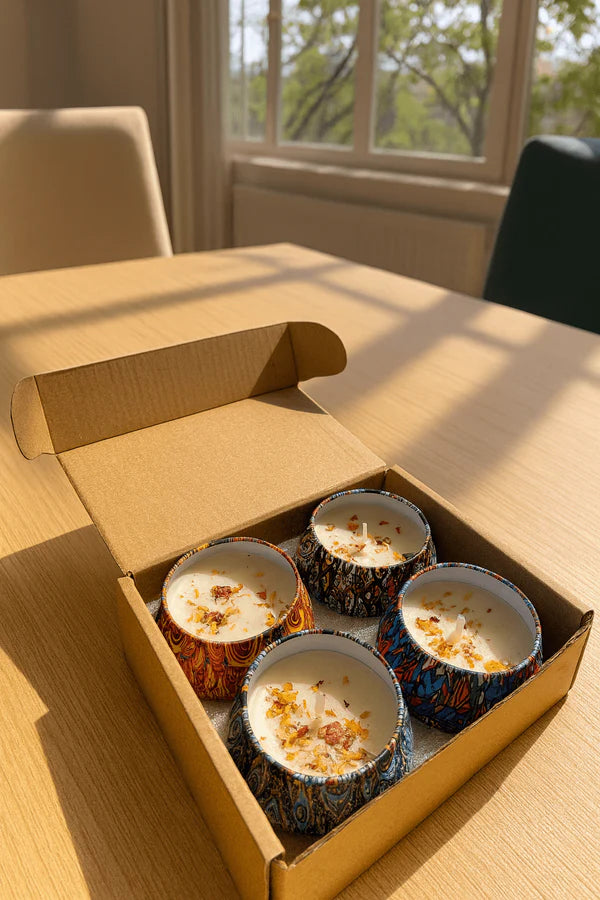Open cardboard box containing four small baked Decorative Floral Scented Tin Candles on a wooden table with a window in the background.