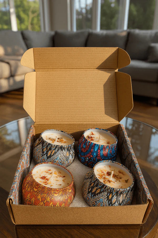 Four Decorative Floral Scented Tin Candles in a cardboard box on a glass table.