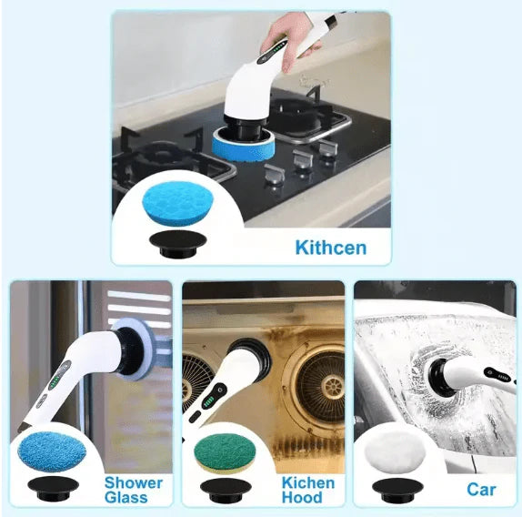 Electric Cleaning Brush tool with blue and green pads used on kitchen, shower glass, kitchen hood, and car surfaces.