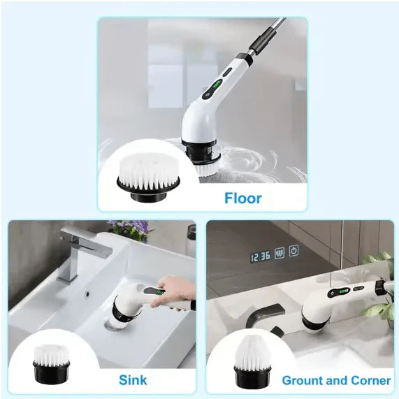 Multifunctional Electric Cleaning Brush tools with various attachments used on different surfaces.