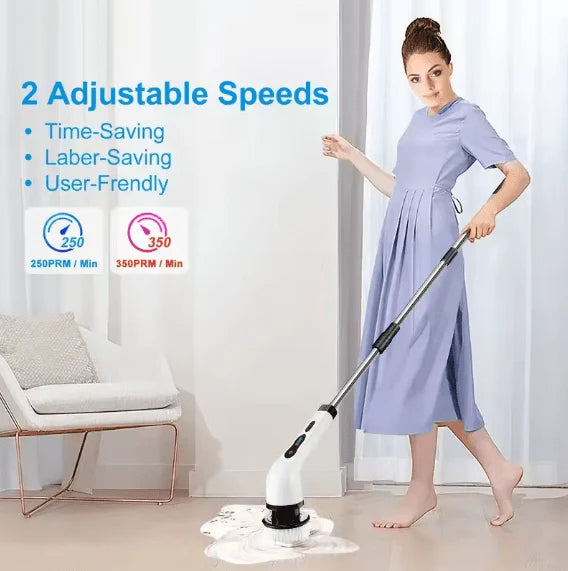 Woman using a Electric Cleaning Brush for floor cleaning with text about adjustable speeds in a room.