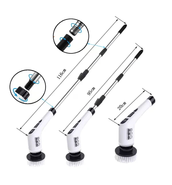 Set of three Electric Cleaning Brush with extendable handles on a white background