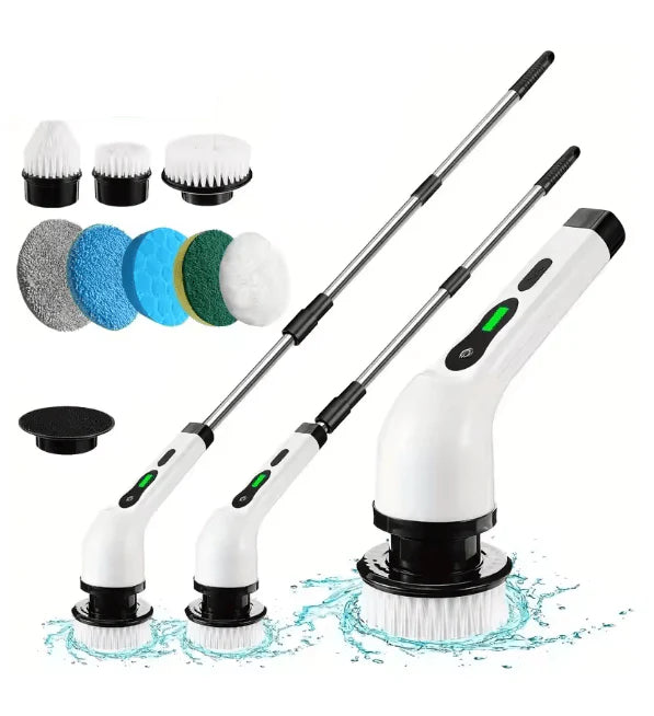 Electric Cleaning Brush tool with multiple brush heads and attachments on a white background