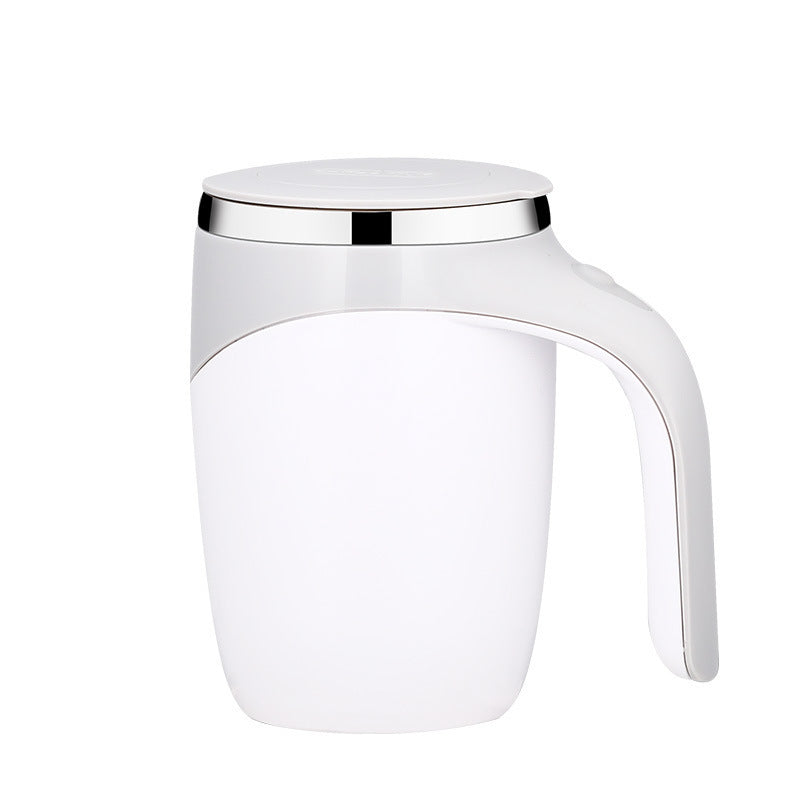 White Electric Stirring Cup Full-automatic Magnetic Rotating Coffee Mug with a silver lid on a white background