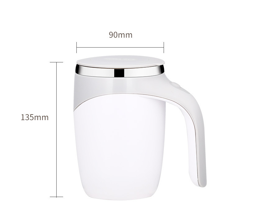 White Electric Stirring Cup Full-automatic Magnetic Rotating Coffee Mug with a silver lid and handle, showing dimensions on a white background