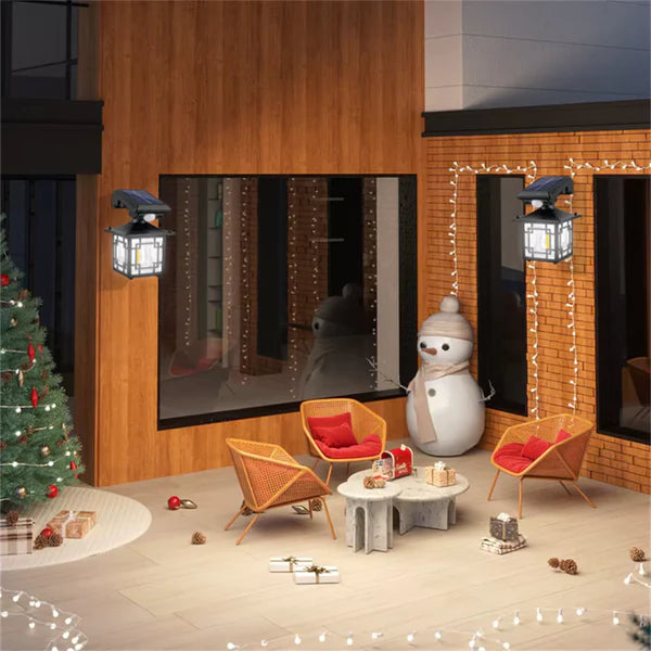 Outdoor Solar Sensor Light in Modern living room with a Christmas tree, chairs, and decorative snowman.