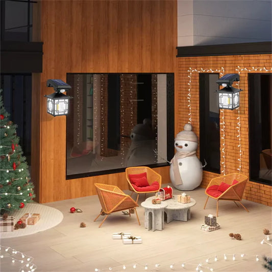 Outdoor Solar Sensor Light in Modern living room with a Christmas tree, chairs, and decorative snowman.