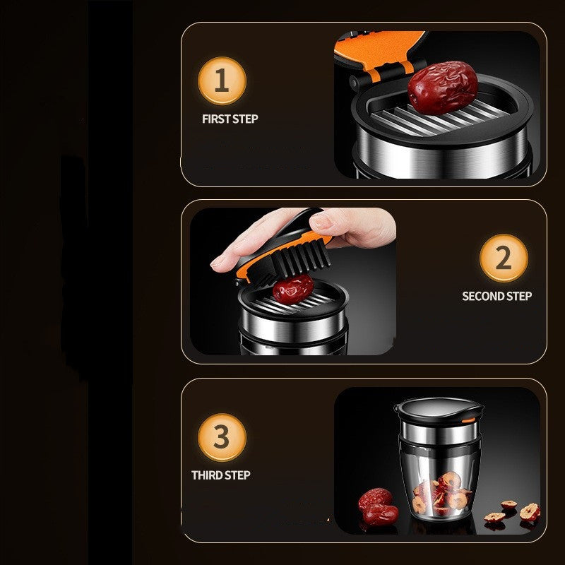 Step-by-step demonstration of using  Kitchen Gadget With Integrated Fruit Cutter with dates on a dark background