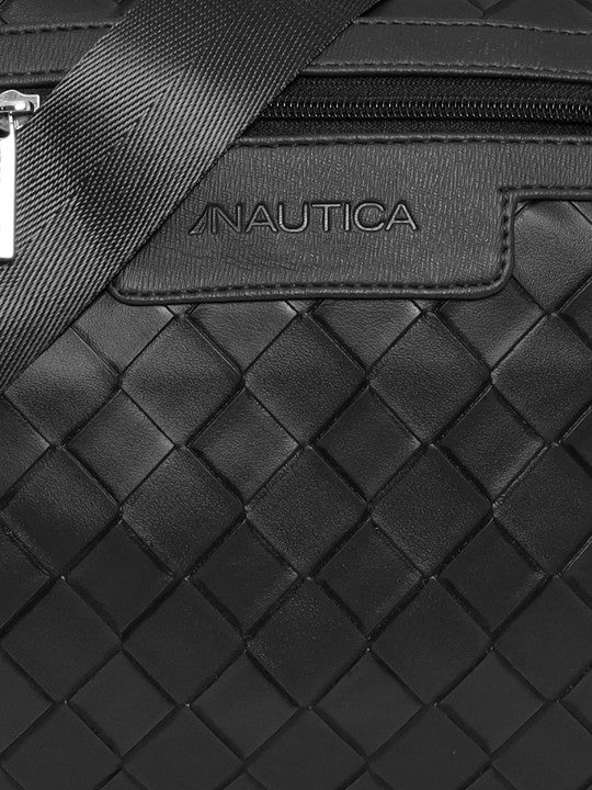 Black woven bag with Nautica logo on a black background