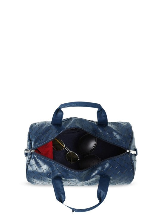 Blue textured Nautica - Casual Duffel Bag with sunglasses and a red item on a white background