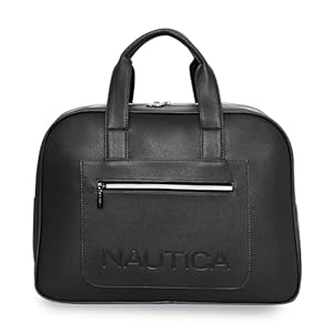 Black Nautica Leatherette Duffel Bag with Nautica logo on a white background