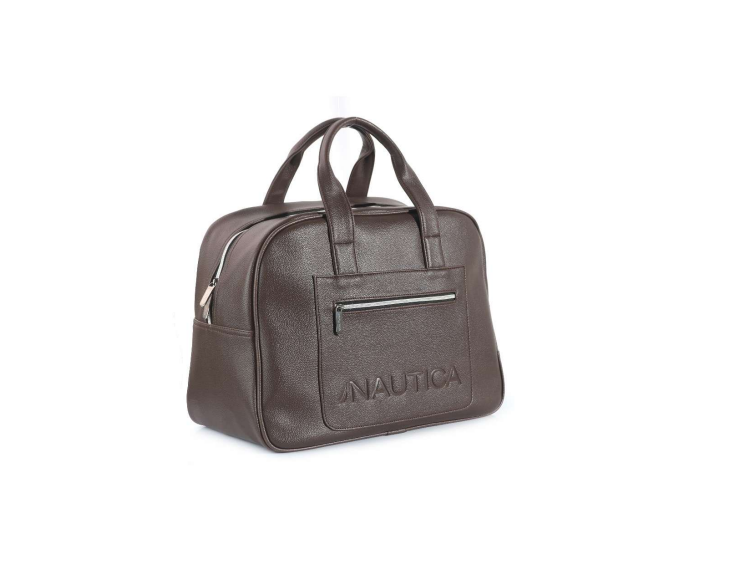 Brown handbag with 'Nautica' logo on a white background