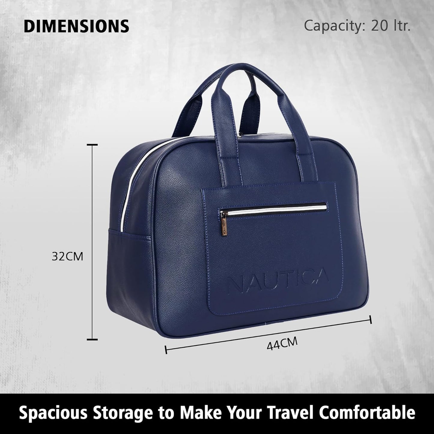 Nautica blue bag with dimensions and capacity information on a light gray background
