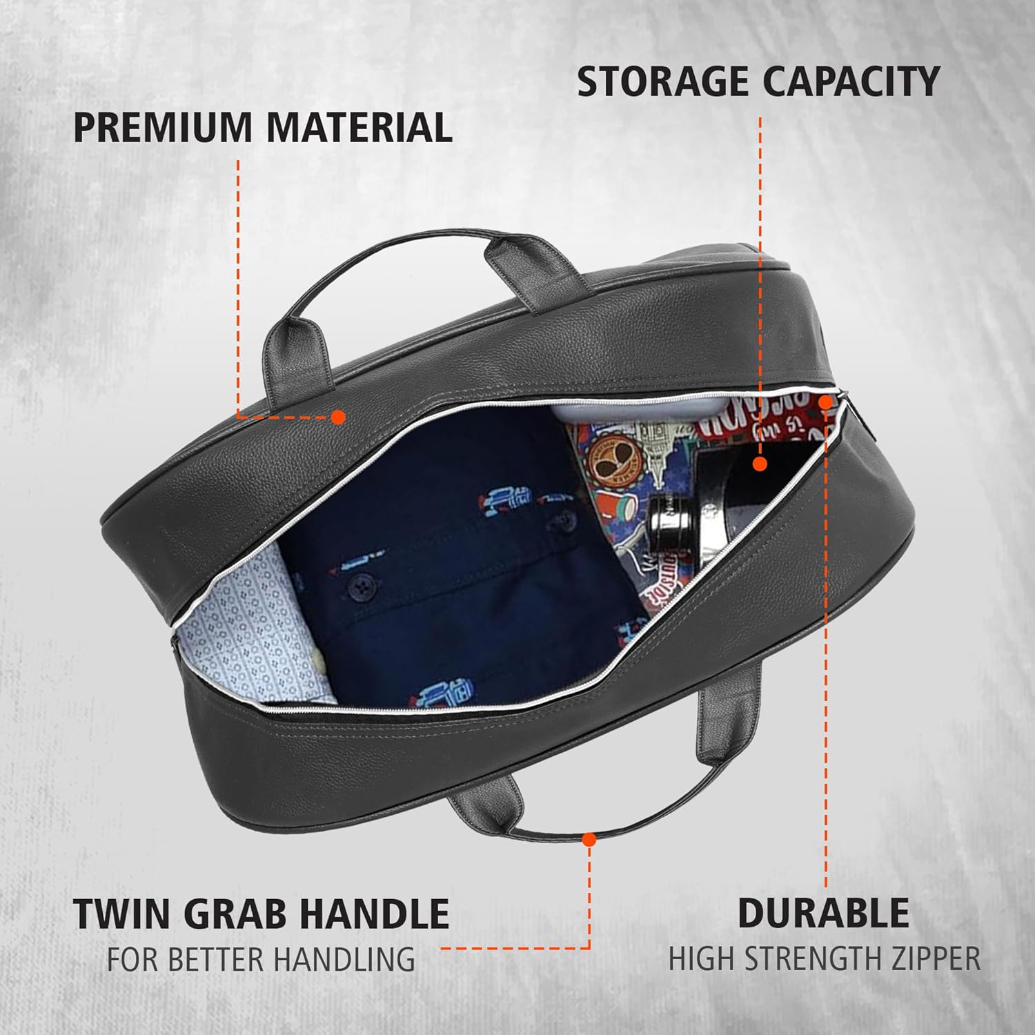 Black Nautica Leatherette Duffel Bag with labeled features on a gray background