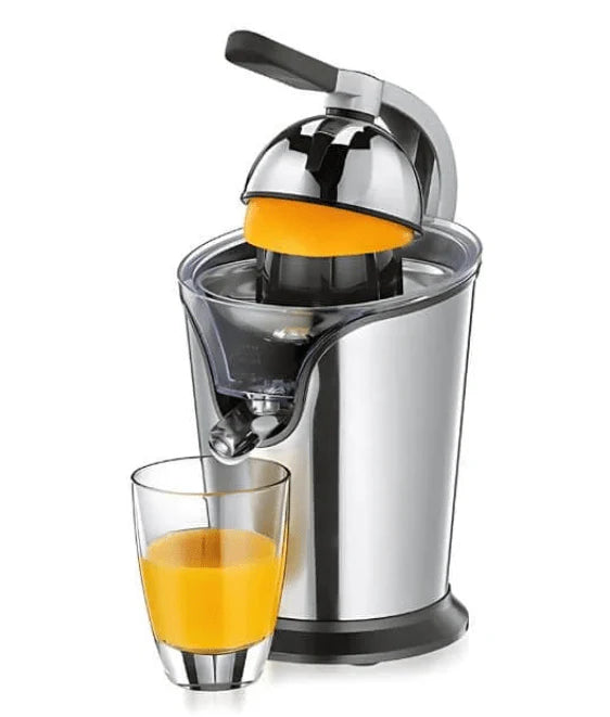 Nikai - Stainless Steel Citrus Juicer with a glass of freshly squeezed orange juice on a white background