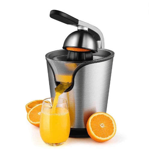 Nikai - Stainless Steel Citrus Juicer with oranges and a glass of orange juice on a white background