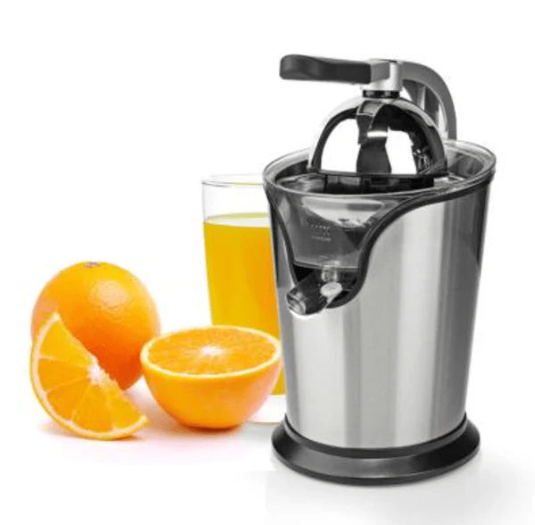 Nikai - Stainless Steel Citrus Juicer with oranges and juice on a white background