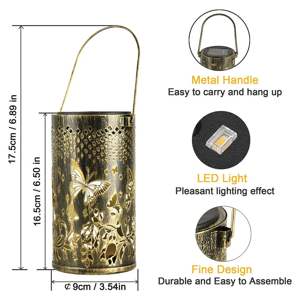 Outdoor Pluggable Or Hanging Iron Solar Butterfly Projector Lamp, LED light, and butterfly design, shown with measurements and features.