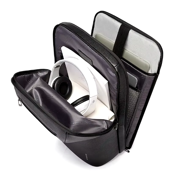 Black Laptop Lounge with a white electronic device inside on a white background