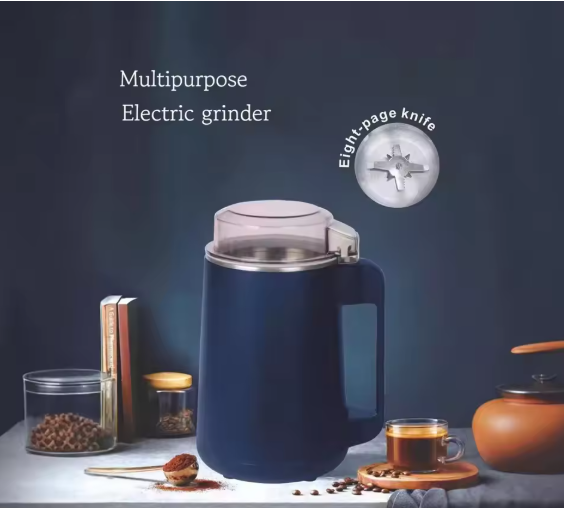 Blue Electric Grinder for Coffee & beans with coffee beans and a teapot on a dark background