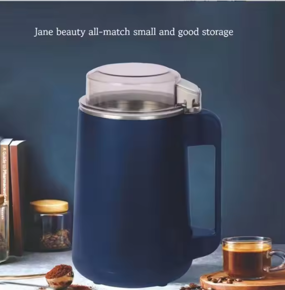 Blue coffee grinder with a clear container on a dark background
