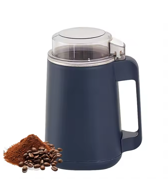 Blue Electric Grinder for Coffee & beans with coffee beans and ground coffee on a white background