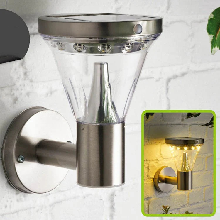 Solar Wall Light fixture on a white wall with an inset showing its glow.