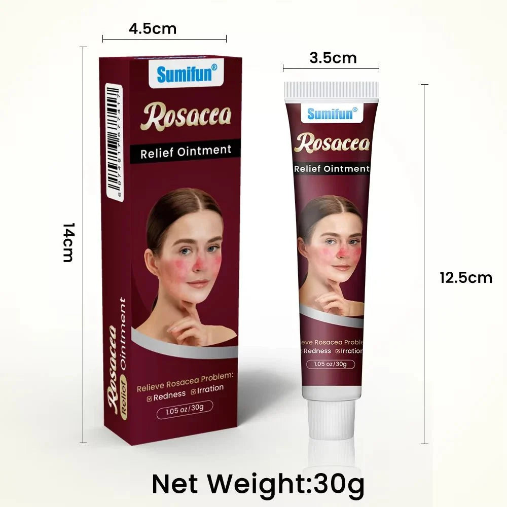 Sumitun Rosacea Relief Ointment packaging and tube with dimensions on a white background