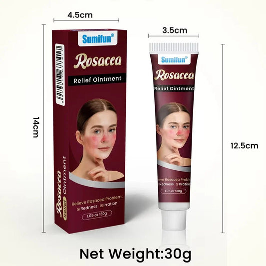 Sumitun Rosacea Relief Ointment packaging and tube with dimensions on a white background